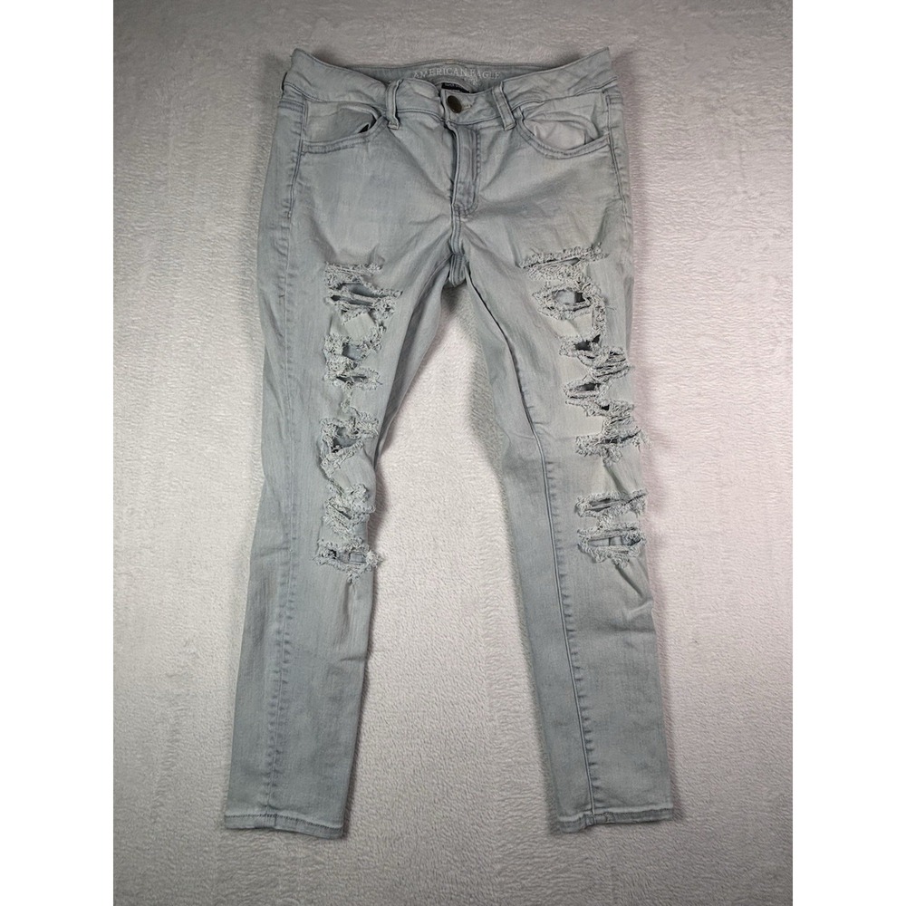 American Eagle Super Hi Rise Jegging Womens 12 Blue Distressed Stretch Jeans